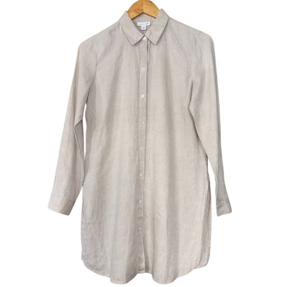 J. Jill Womens 100% Linen Button Front Blouse Size XS Side Slits Beach oatmeal s